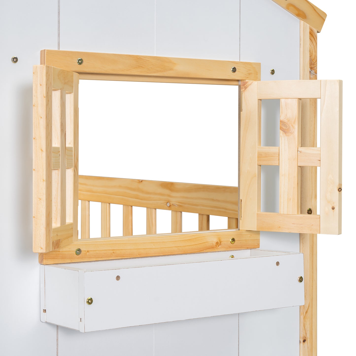 White wooden playhouse with open window and flower box