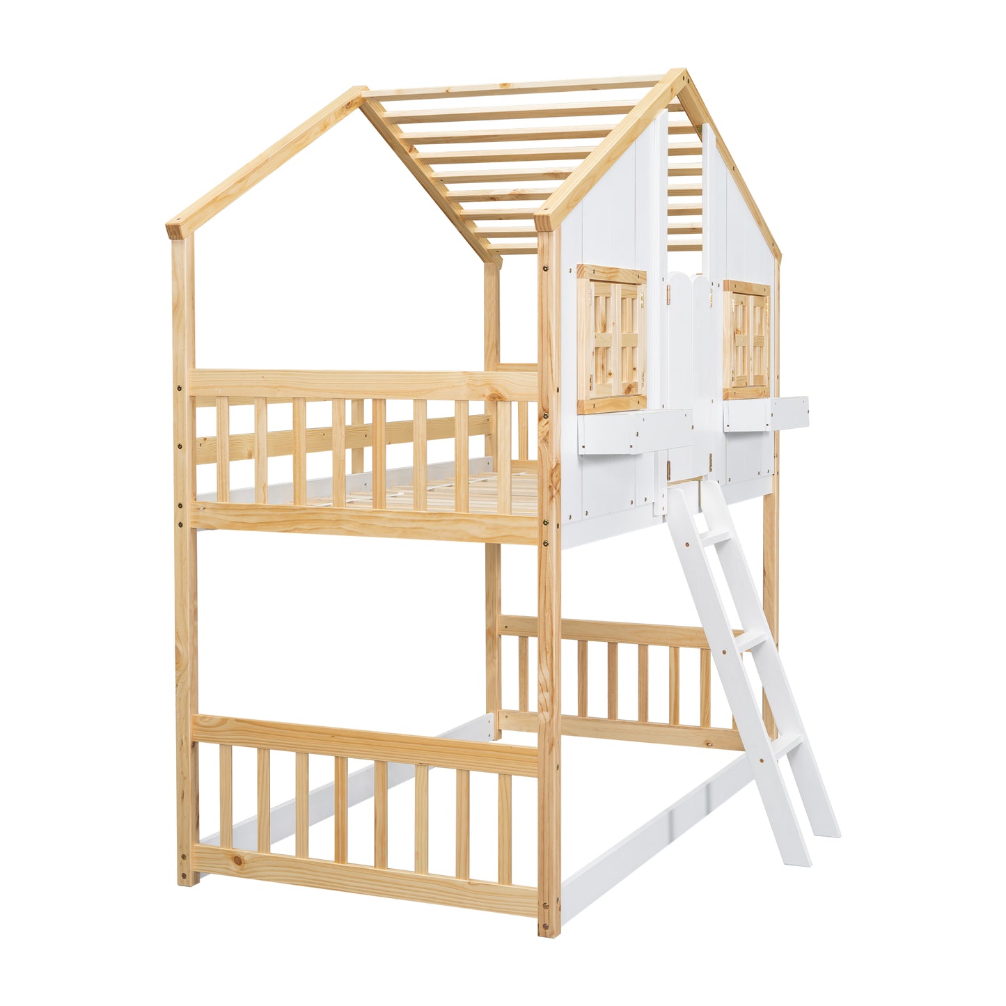 Natural wood and white bunk bed with playful houselike design and ladder