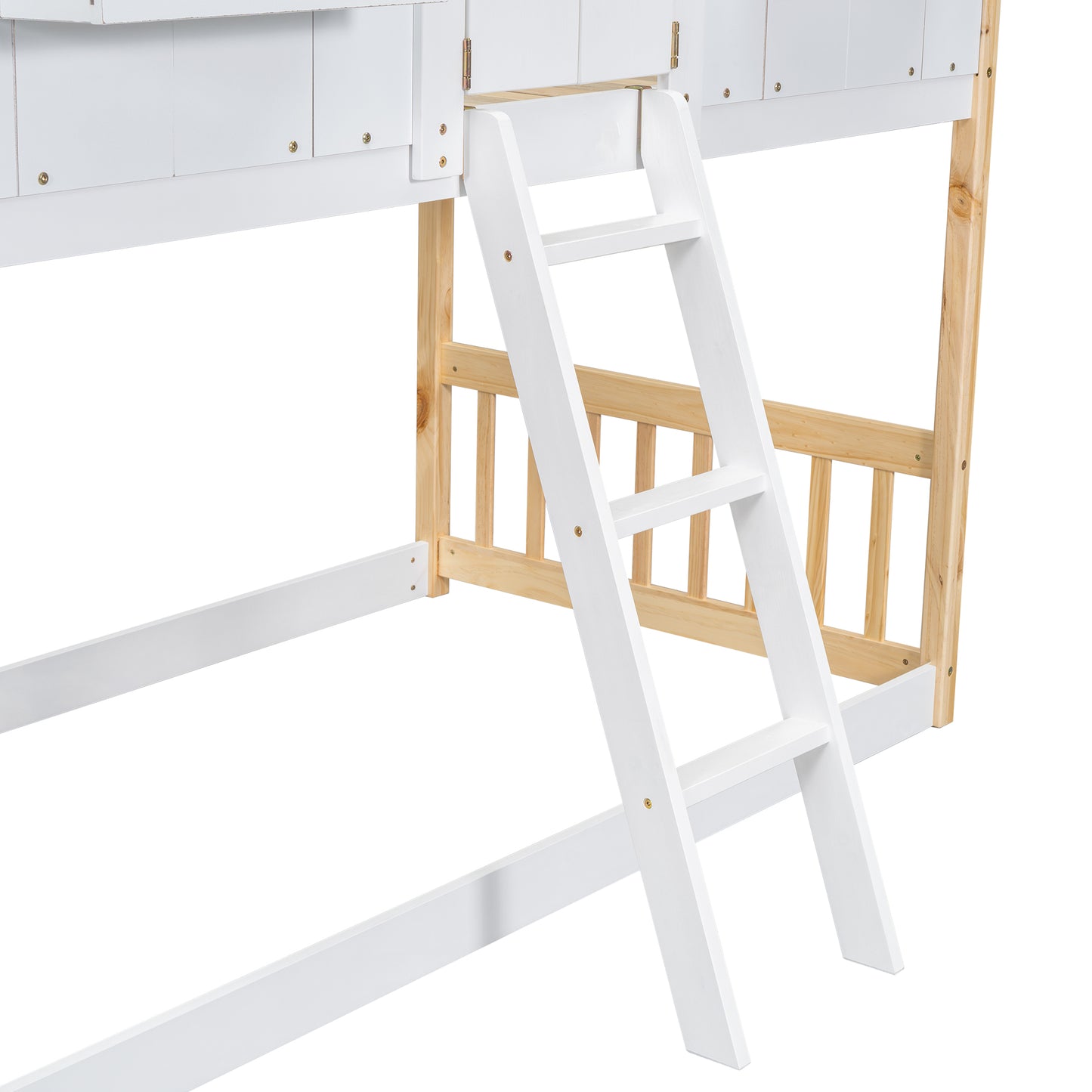 White wooden loft bed ladder with natural wood railings