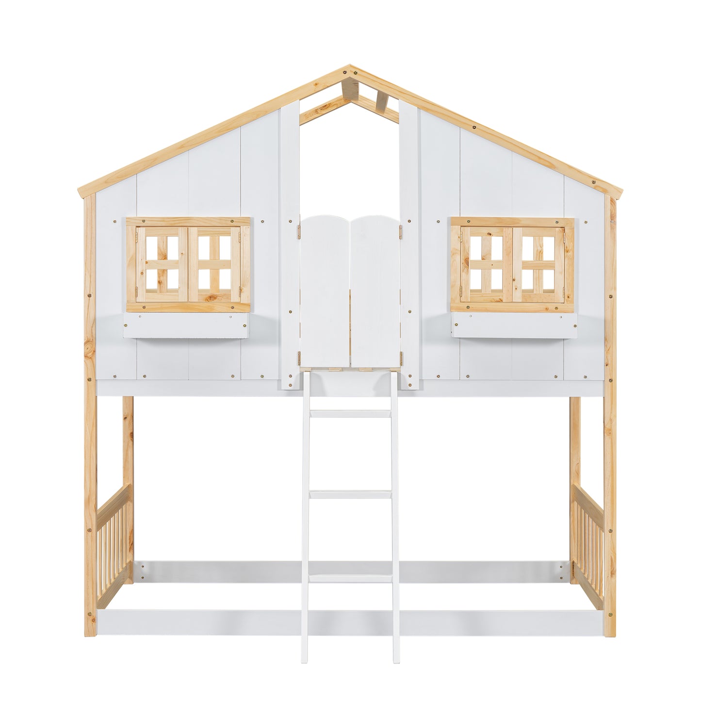White and wood twin loft bed with ladder and playful window details