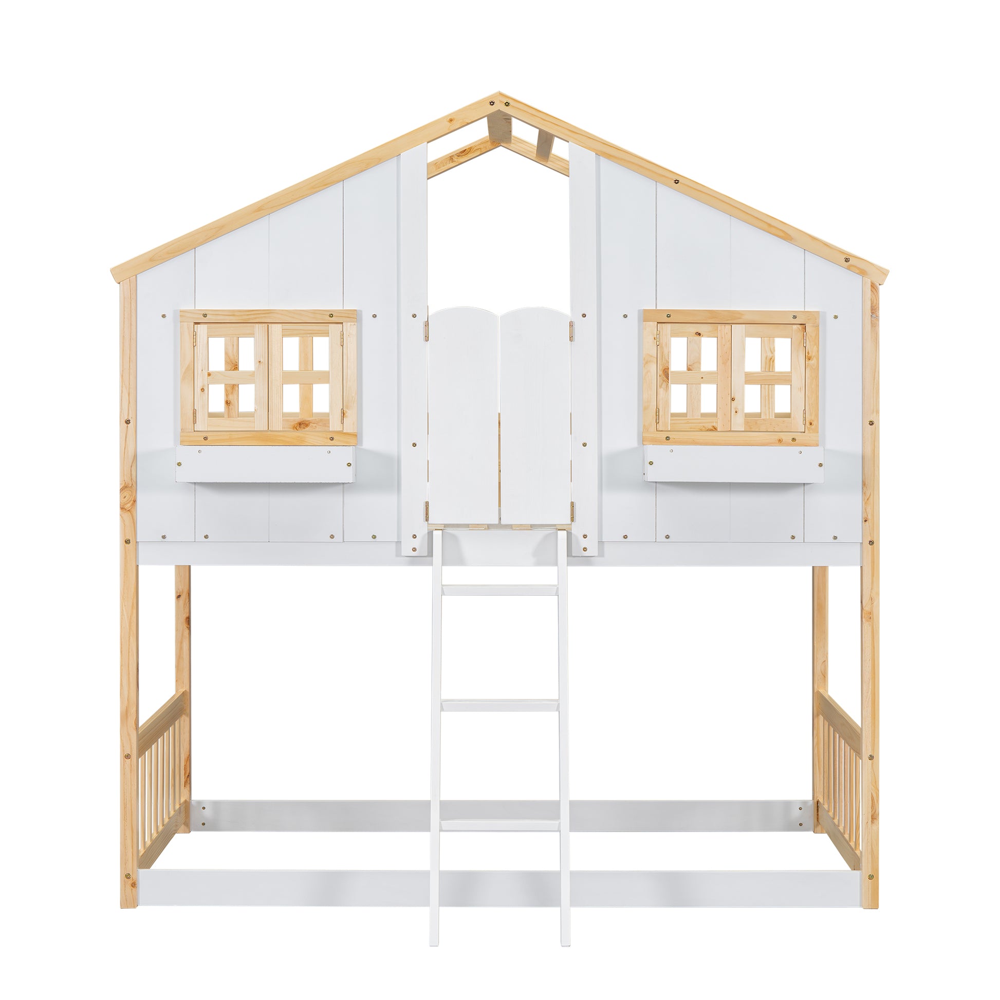 White and wood twin loft bed with ladder and playful window details