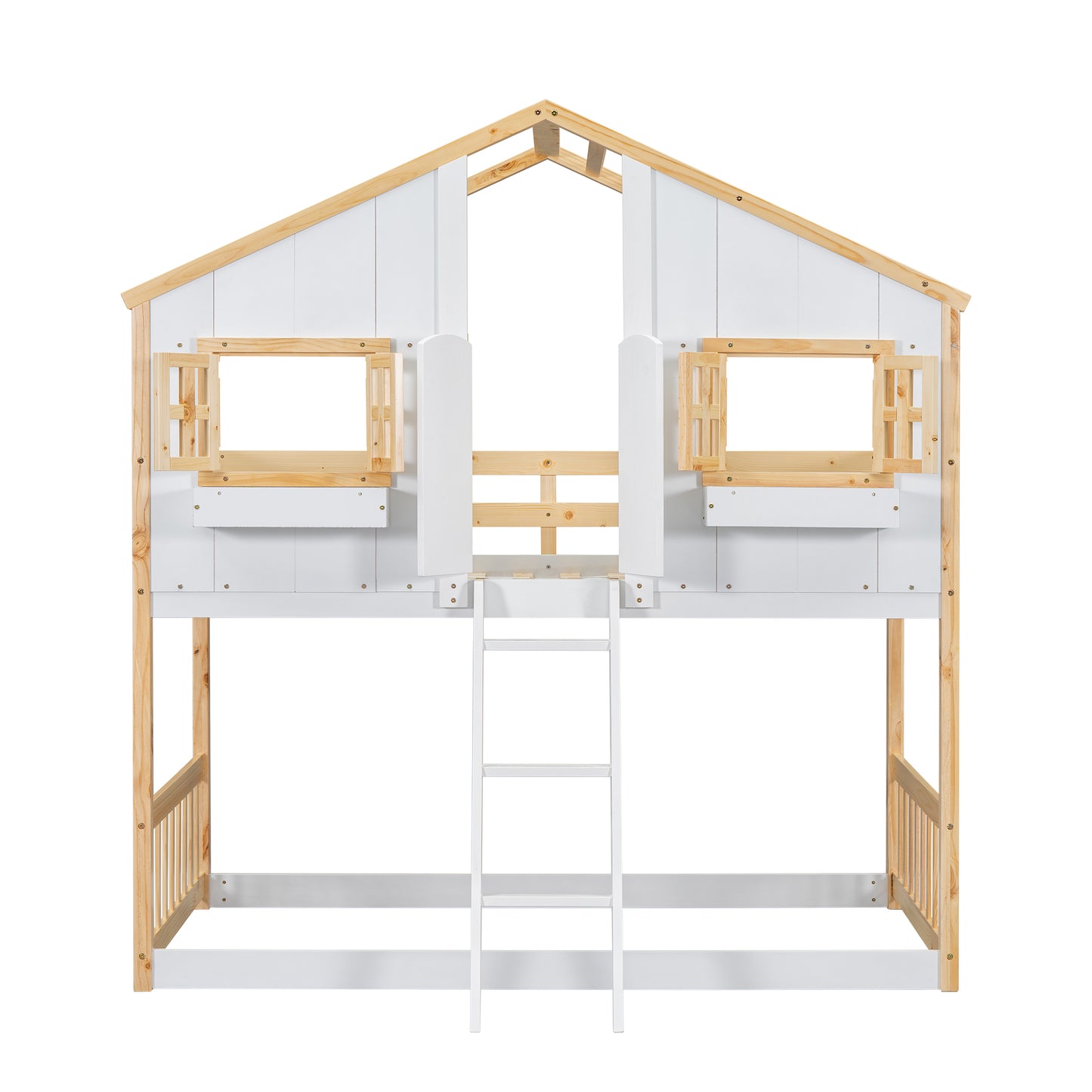 White and wood twin bunk bed with house design