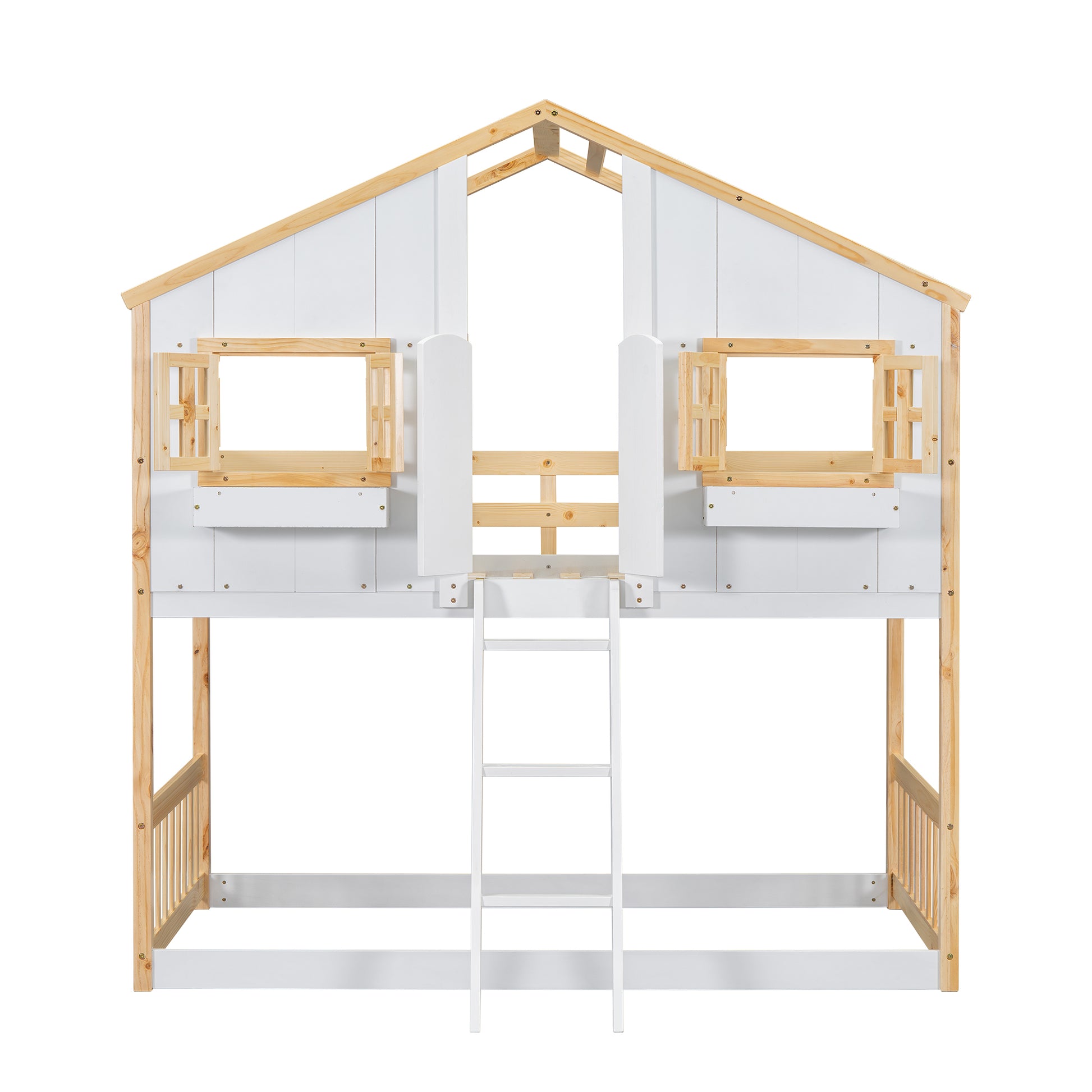 White and wood twin bunk bed with house design