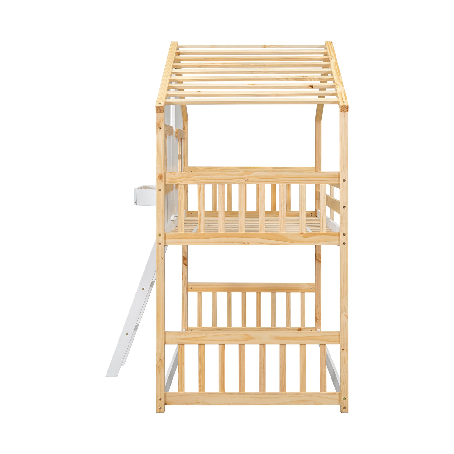 Natural wood bunk bed with slide for kids