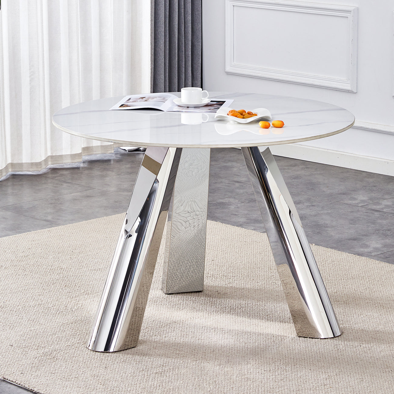 Modern white marble dining table with chrome legs