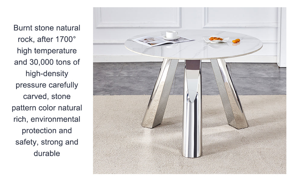 Round marble top dining table with polished chrome legs