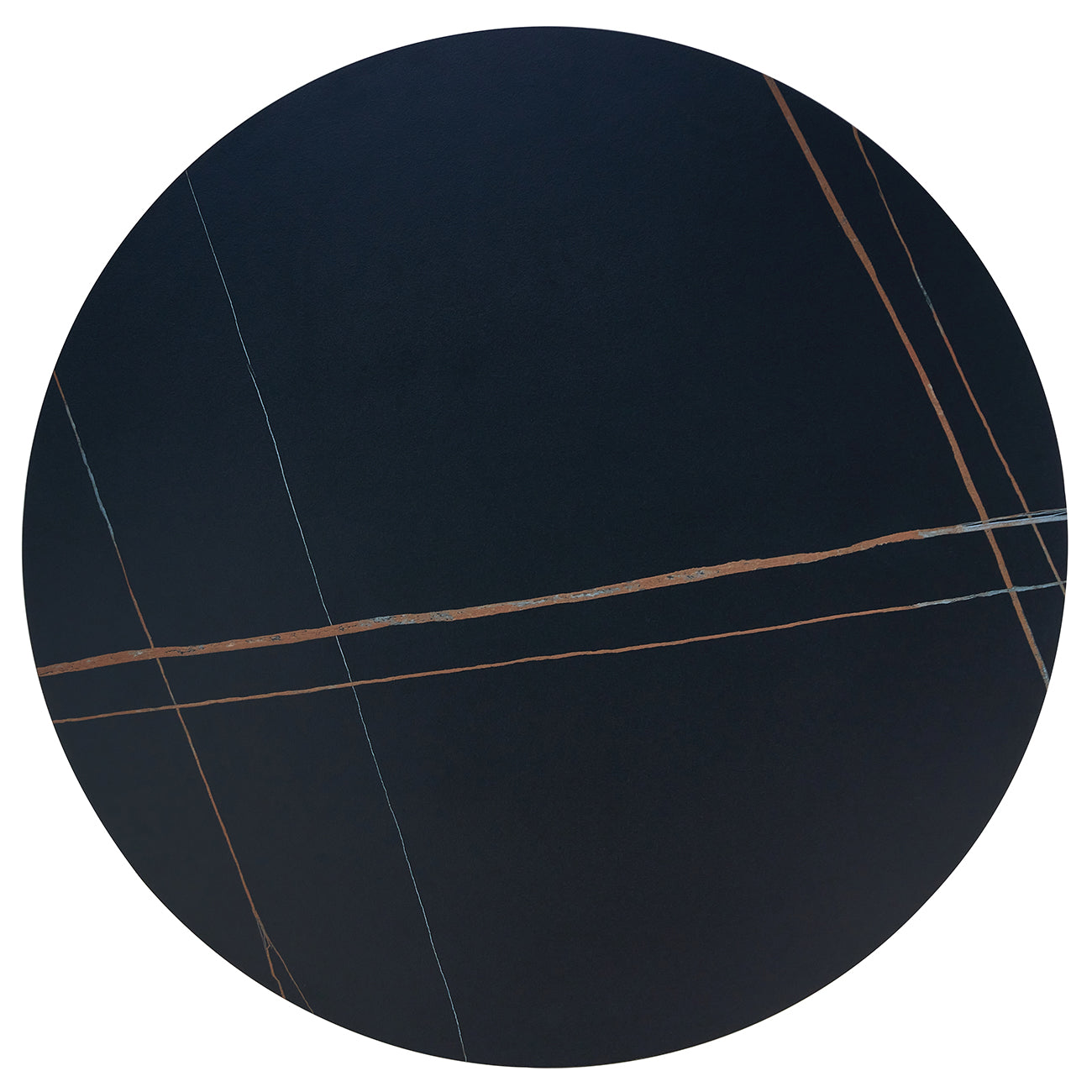 Dark navy circular marble tabletop with thin copper and white veining