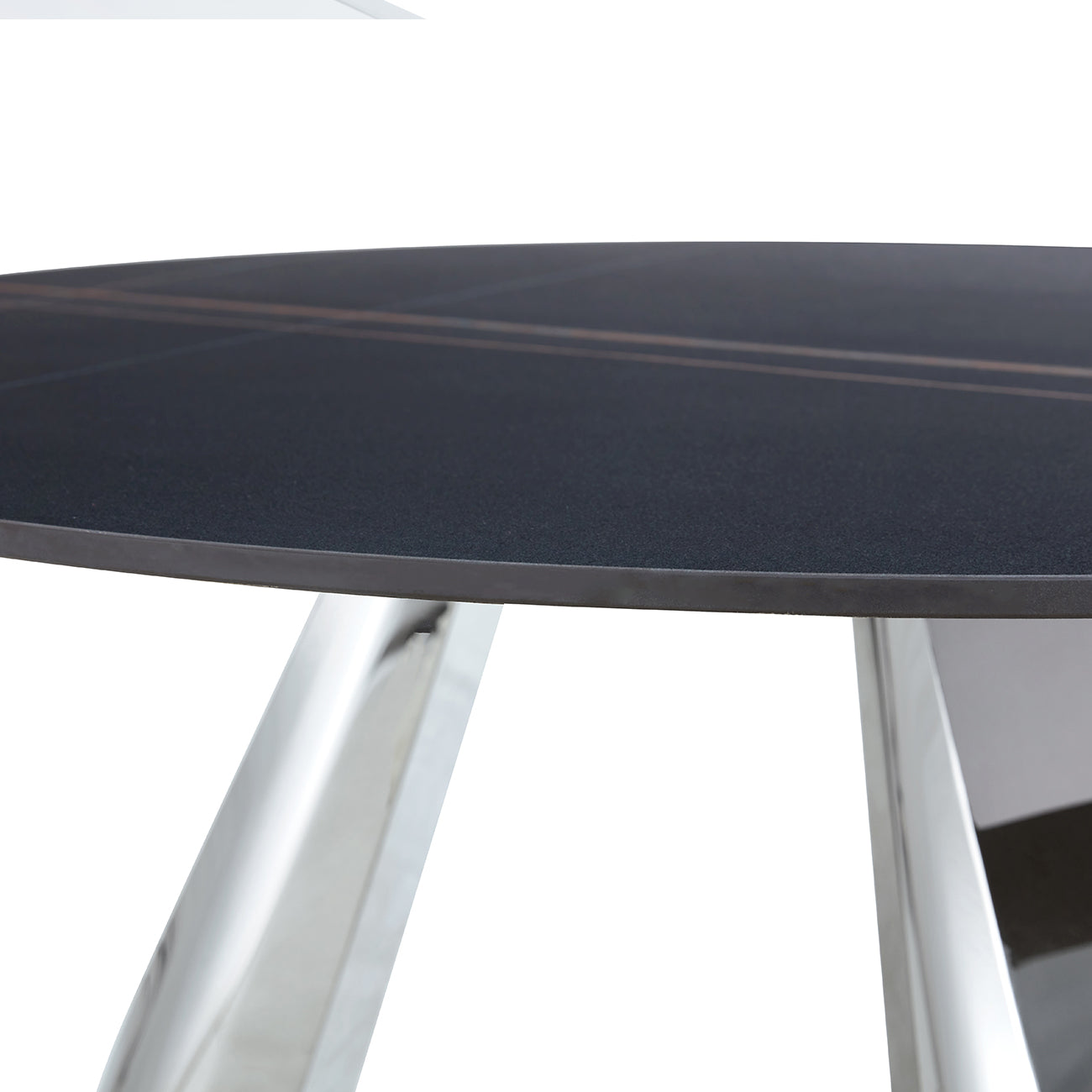 Dark gray modern dining table with chrome legs and subtle gold stripe detail