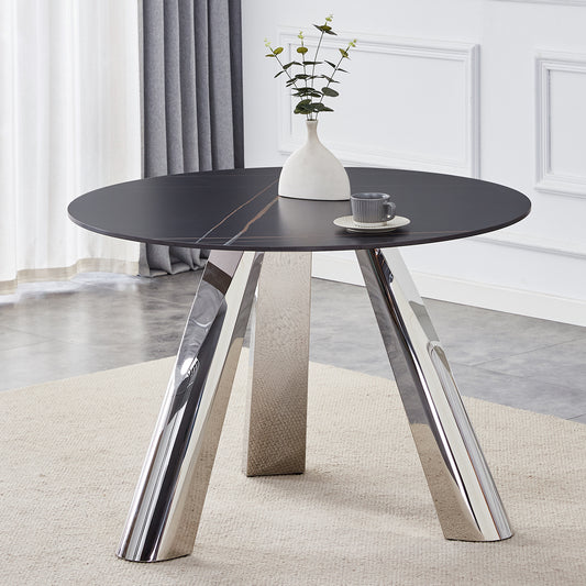 Black marble round dining table with chrome legs