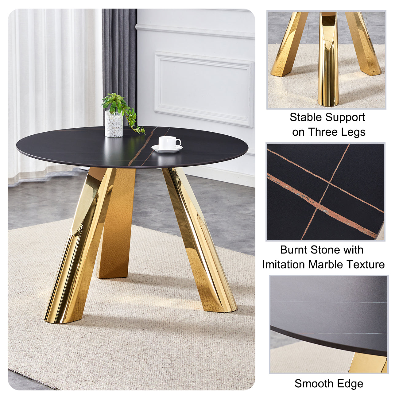 Black round dining table with gold angular legs and marblelike detail