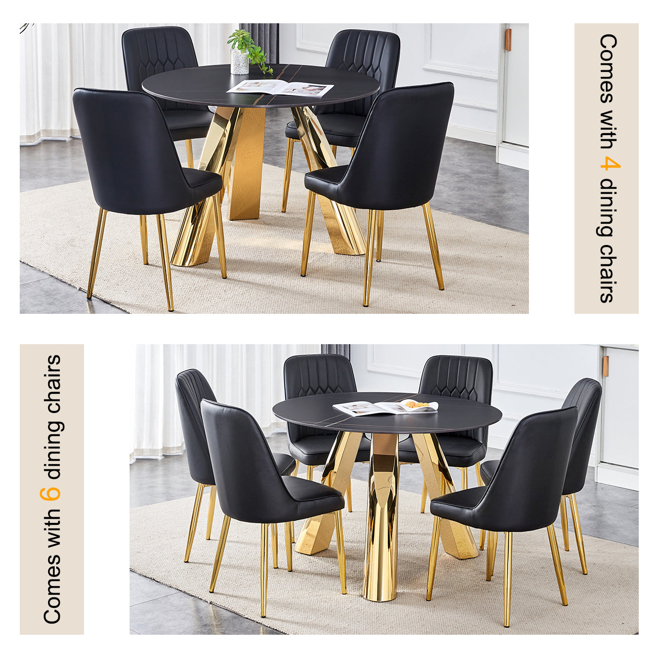 Black faux leather dining chairs with gold legs around a black round table