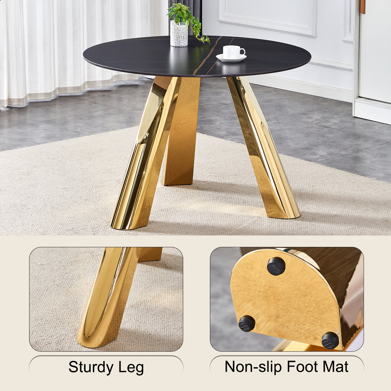Round marble dining table with gold legs