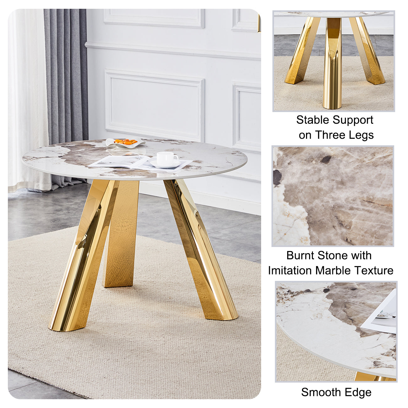 Round dining table with white marble top and gold legs
