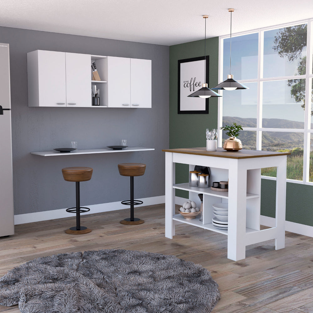 Modern white kitchen island with open shelving and wood top