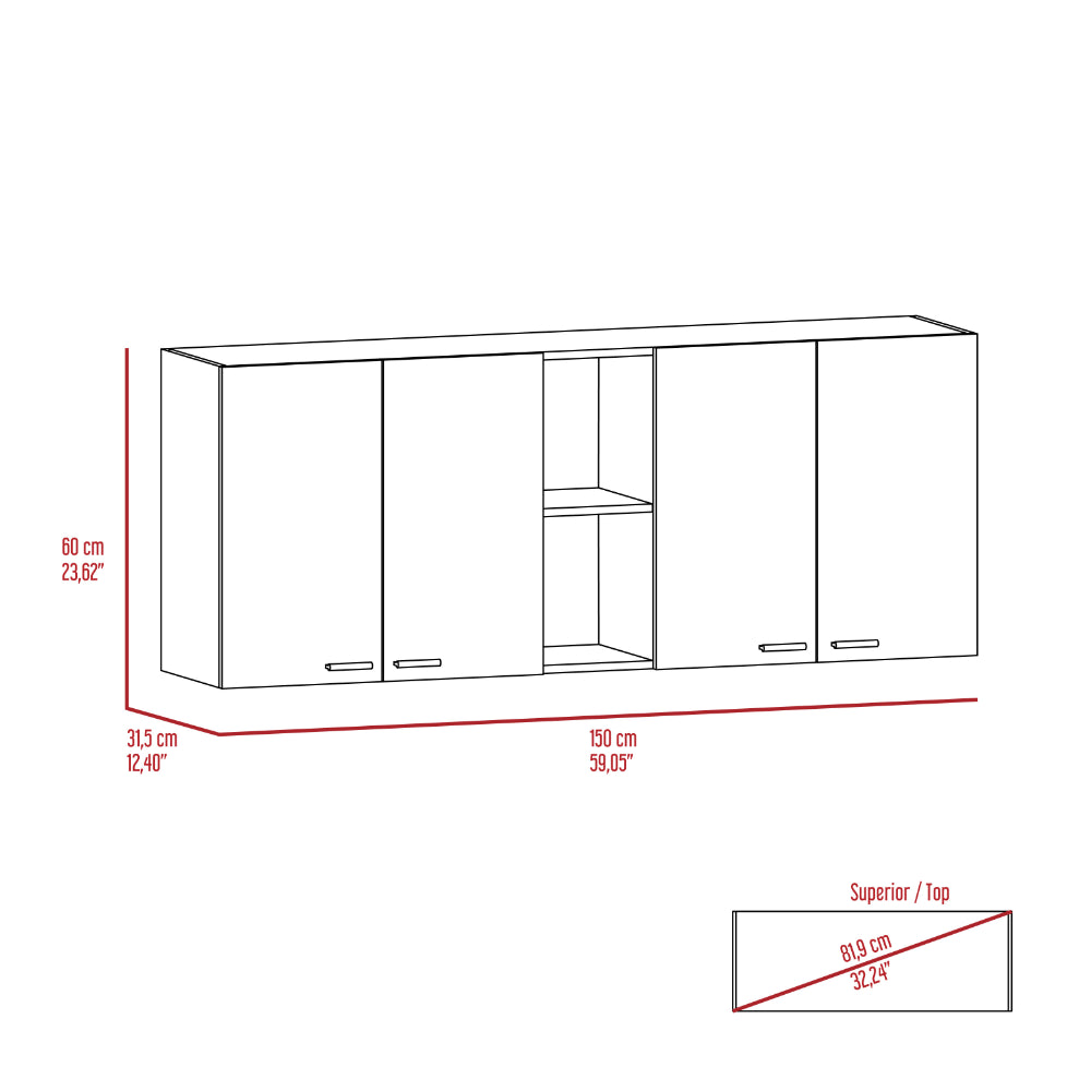 Wall cabinet with four doors and open shelving