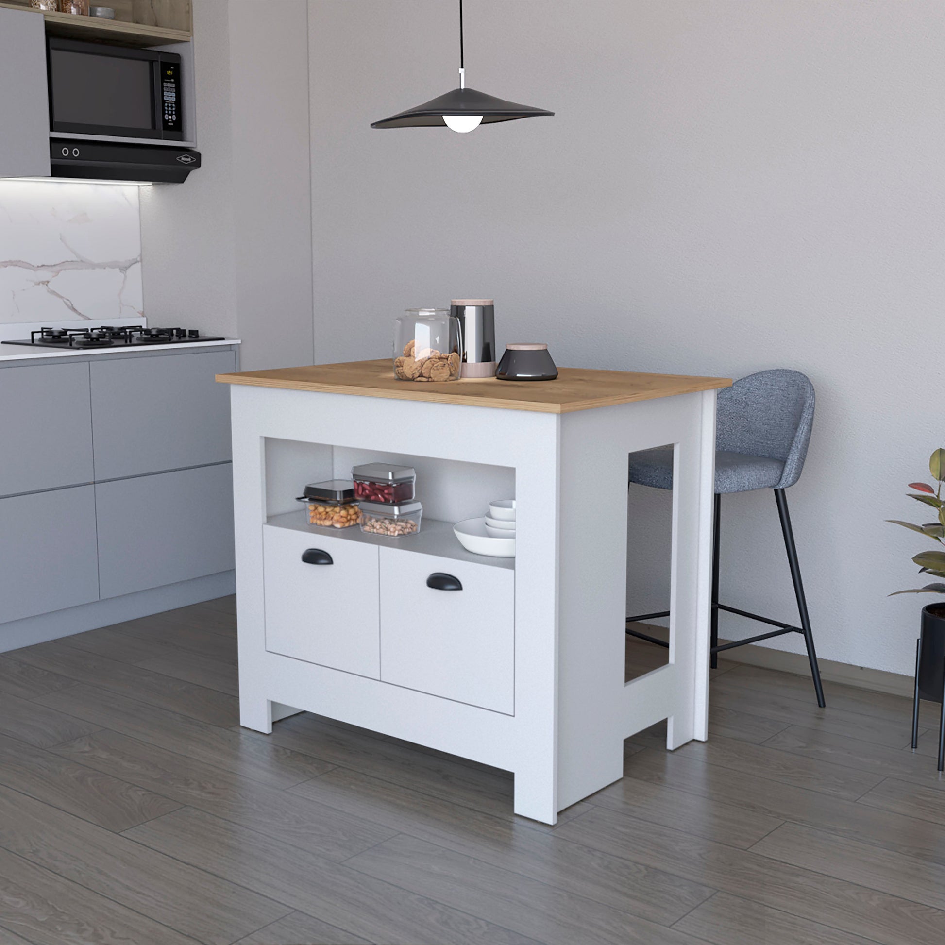 White kitchen island with wood top and storage drawers for pantry organization