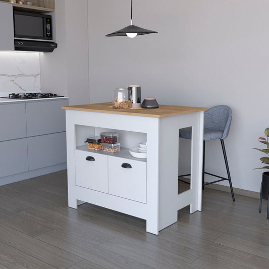 White kitchen island with wood top and storage drawers for pantry organization