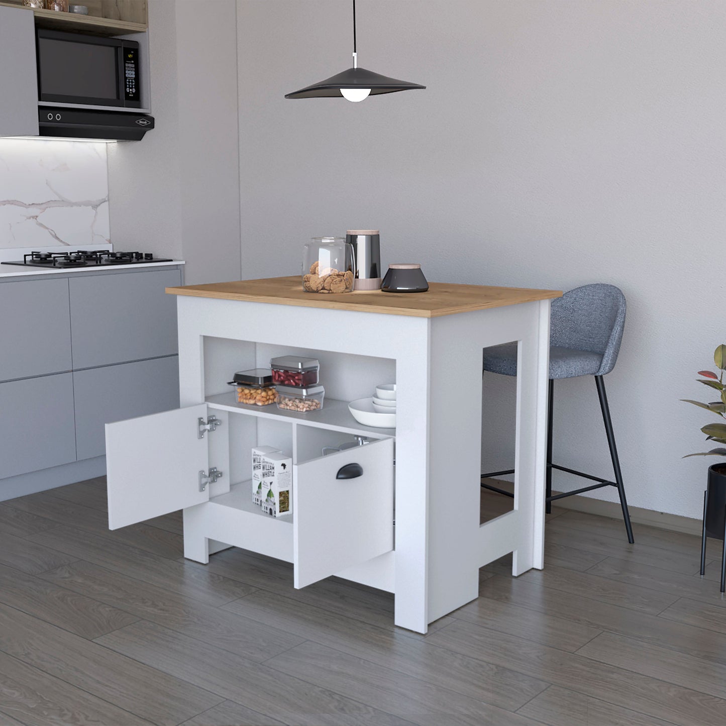 White kitchen island cart with a wooden top and storage compartments perfect for small spaces