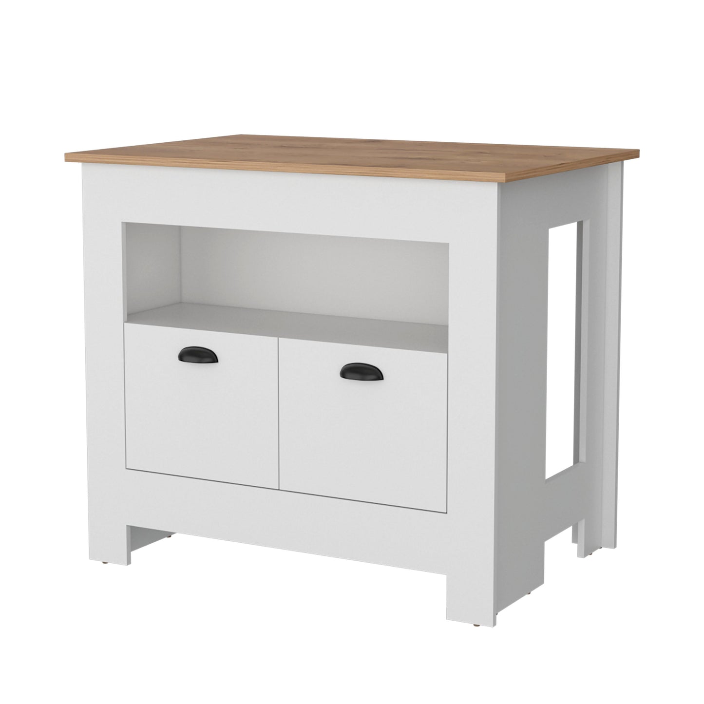 White kitchen island with two drawers and open shelving