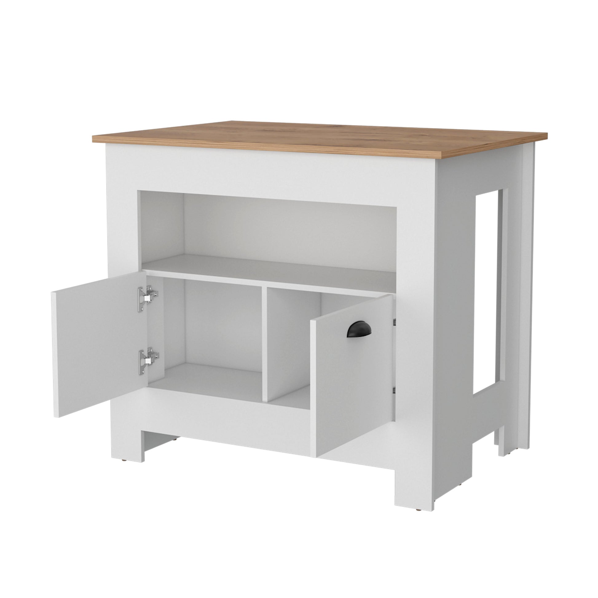 White twodoor cabinet with woodlook top and open shelves