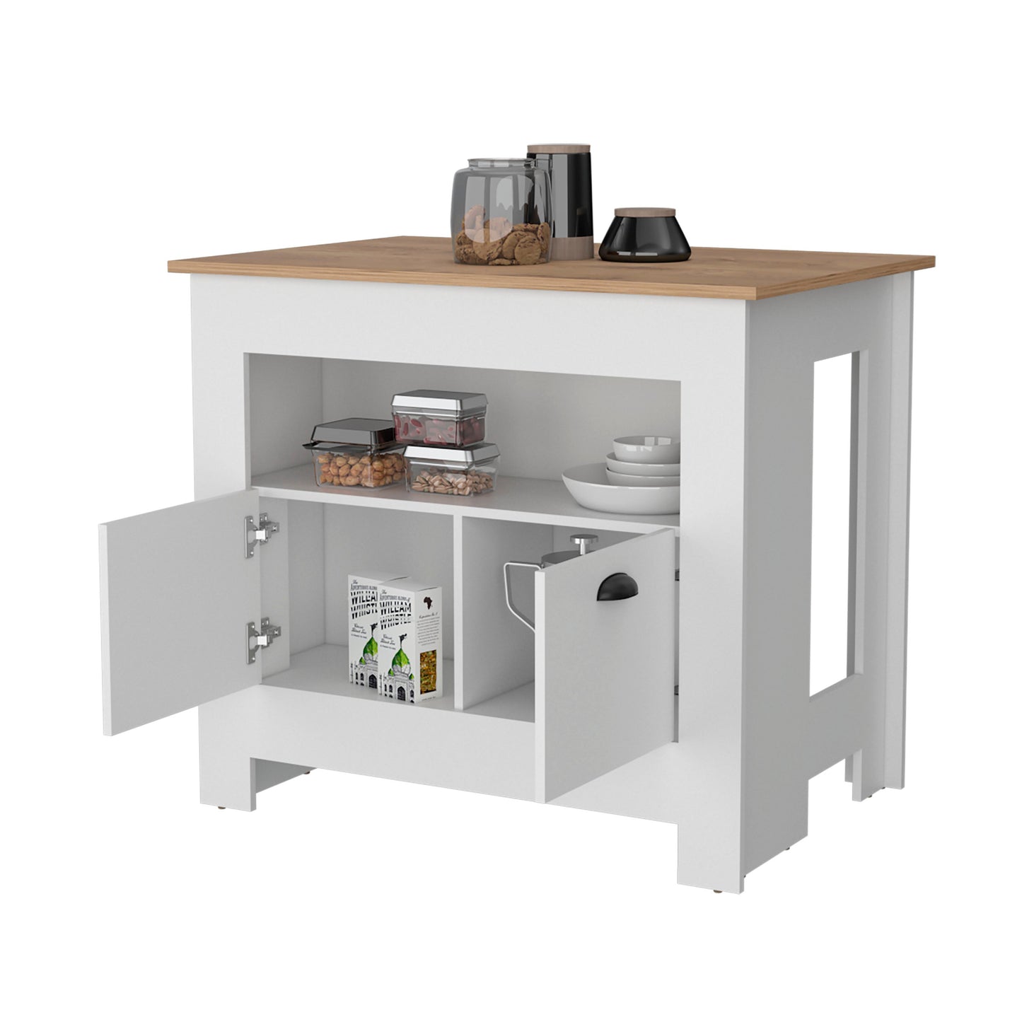 White kitchen island with wood top and open storage