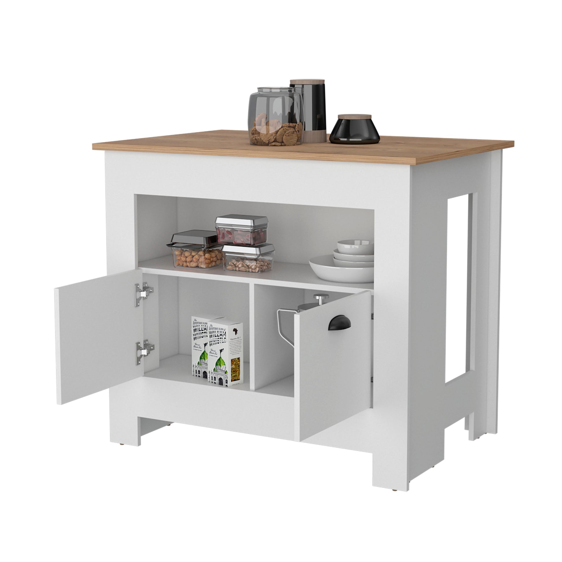 White kitchen island with wood top and open storage
