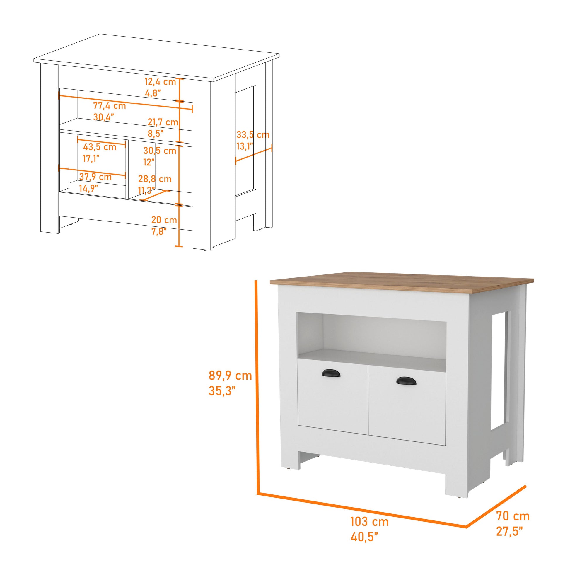 White and oak sideboard with two drawers and open shelf