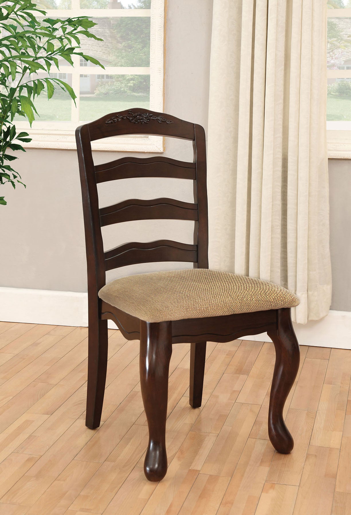TREATLIFE HOME Set of 2 Transitional Contemporary Dining Chairs with Ladder Back Design, Dark Walnut Finish and Floral Accents