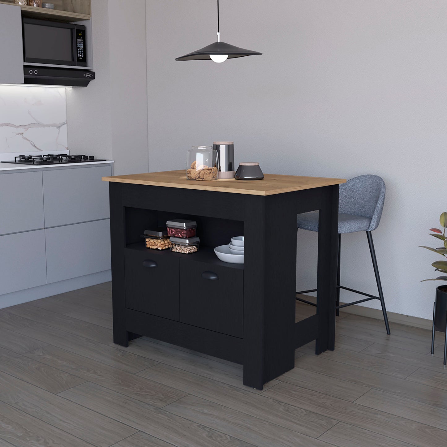 Black kitchen island with wood countertop and open shelves