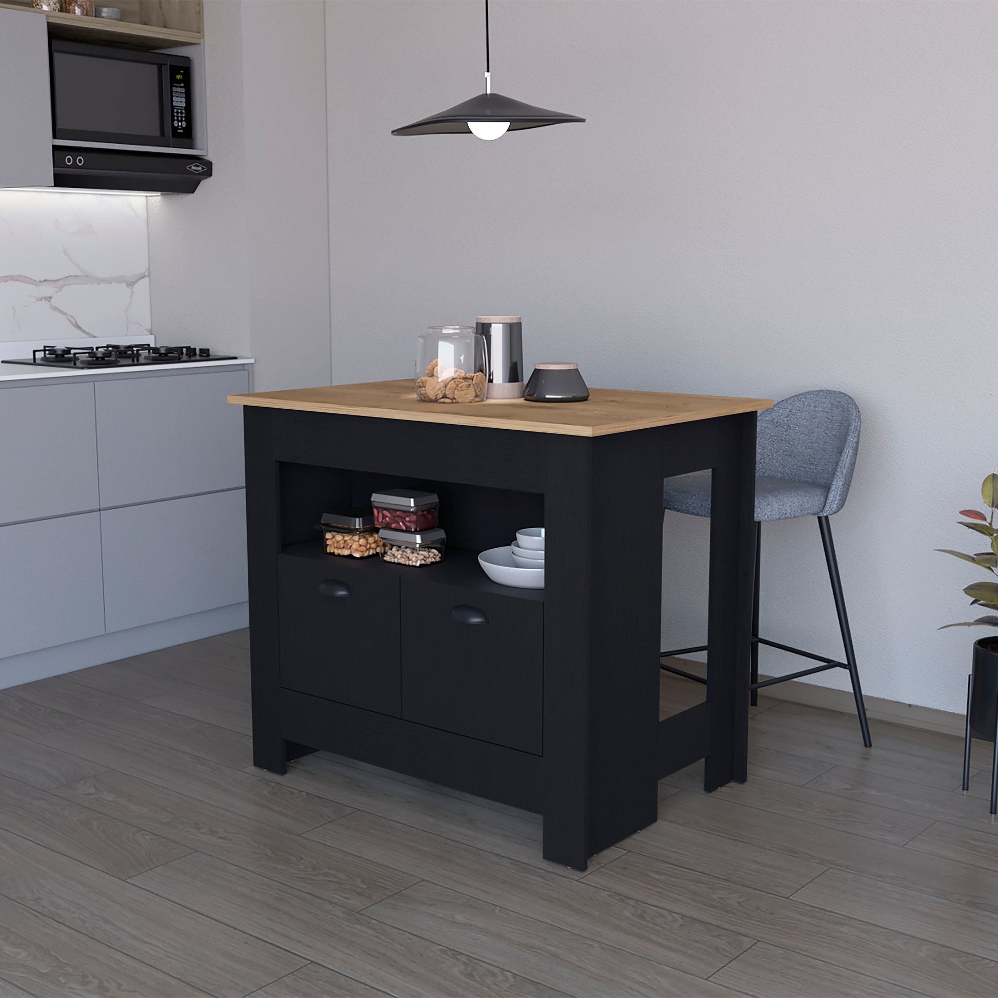 Black kitchen island with wood countertop and open shelves