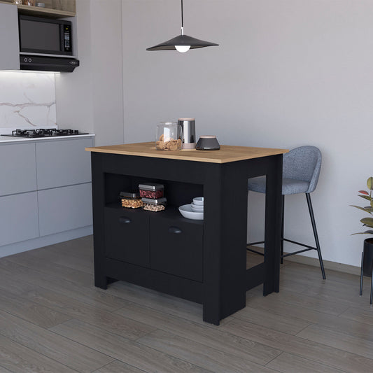Black kitchen island with wood countertop and open shelves