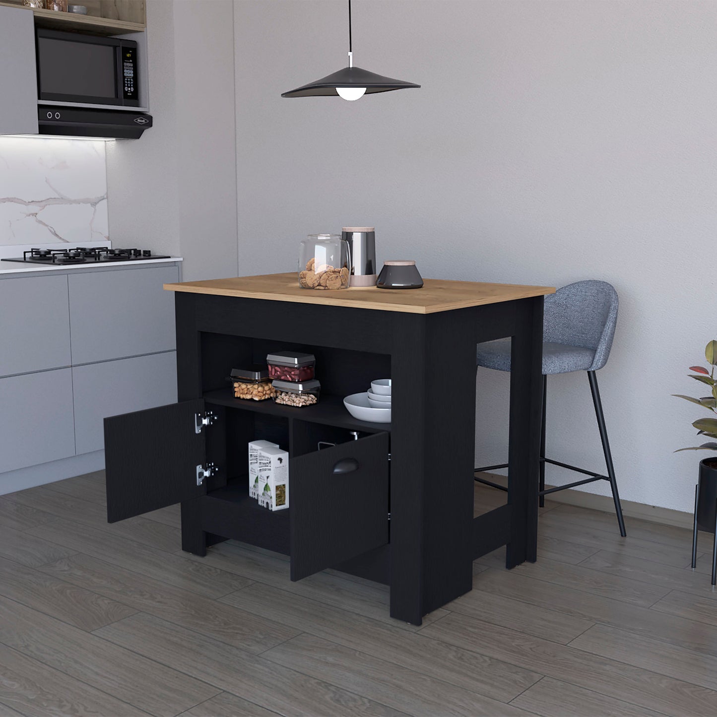 Modern black kitchen island with wood top