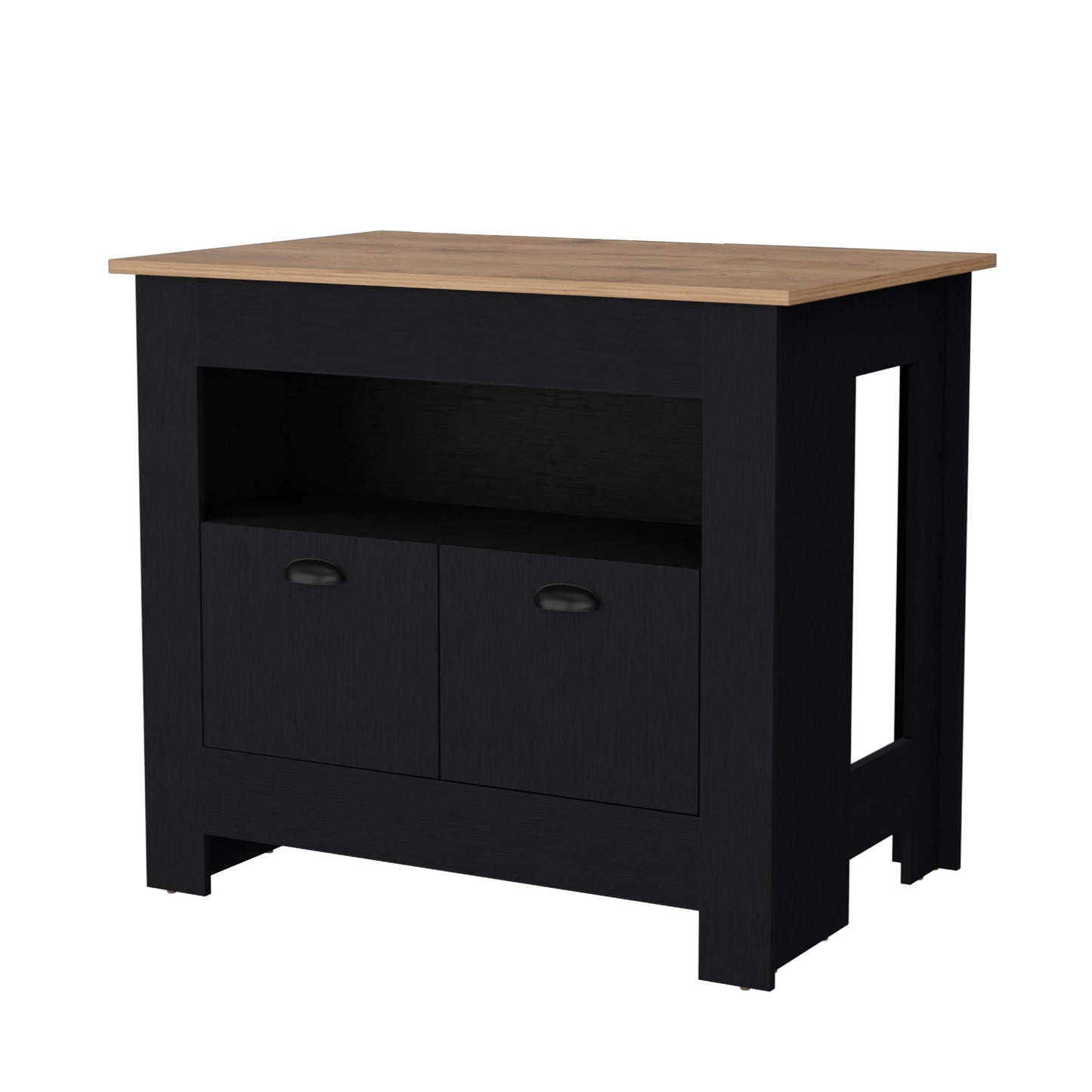 Black kitchen island with two drawers and open shelving with wood top