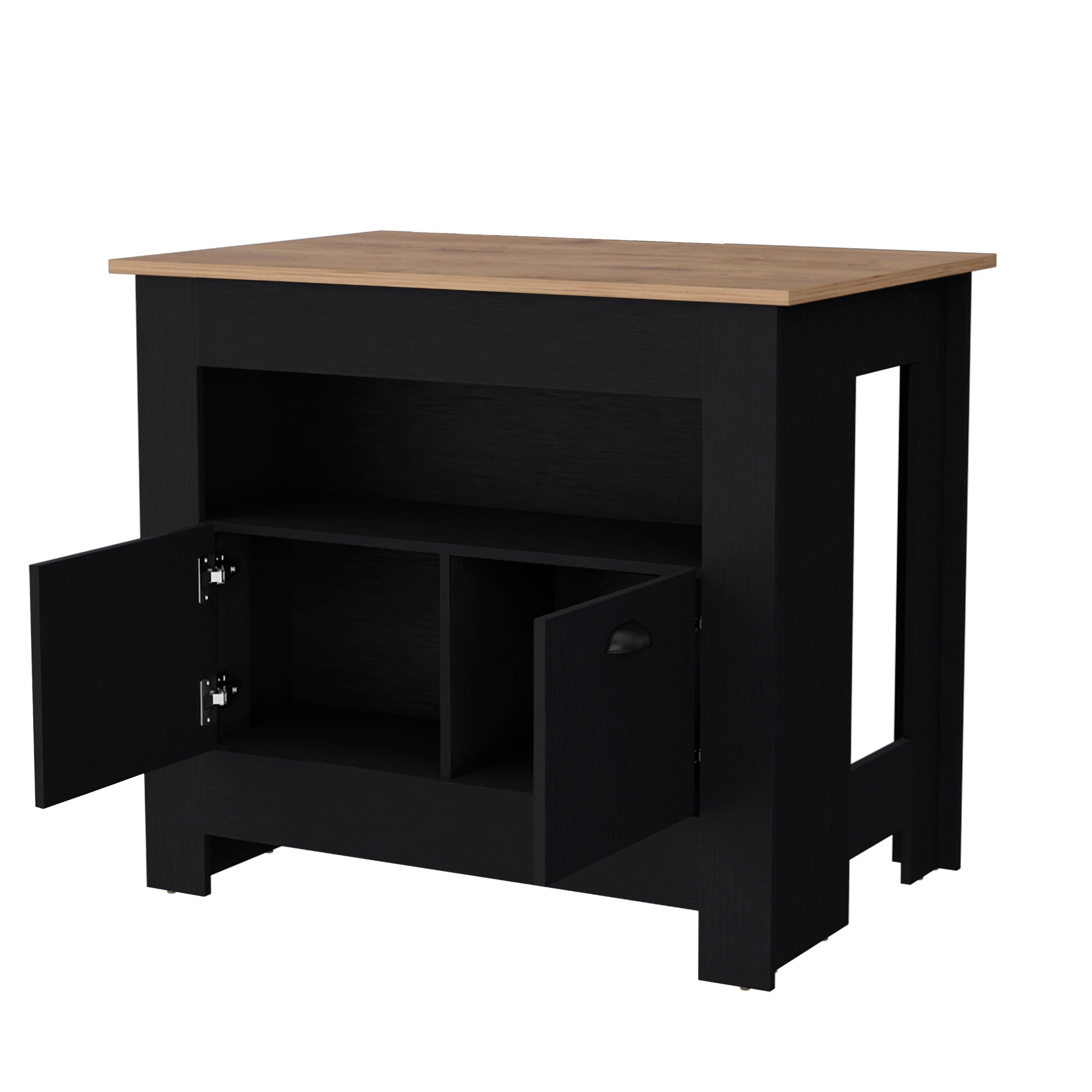Black kitchen island cabinet with open doors and oak top