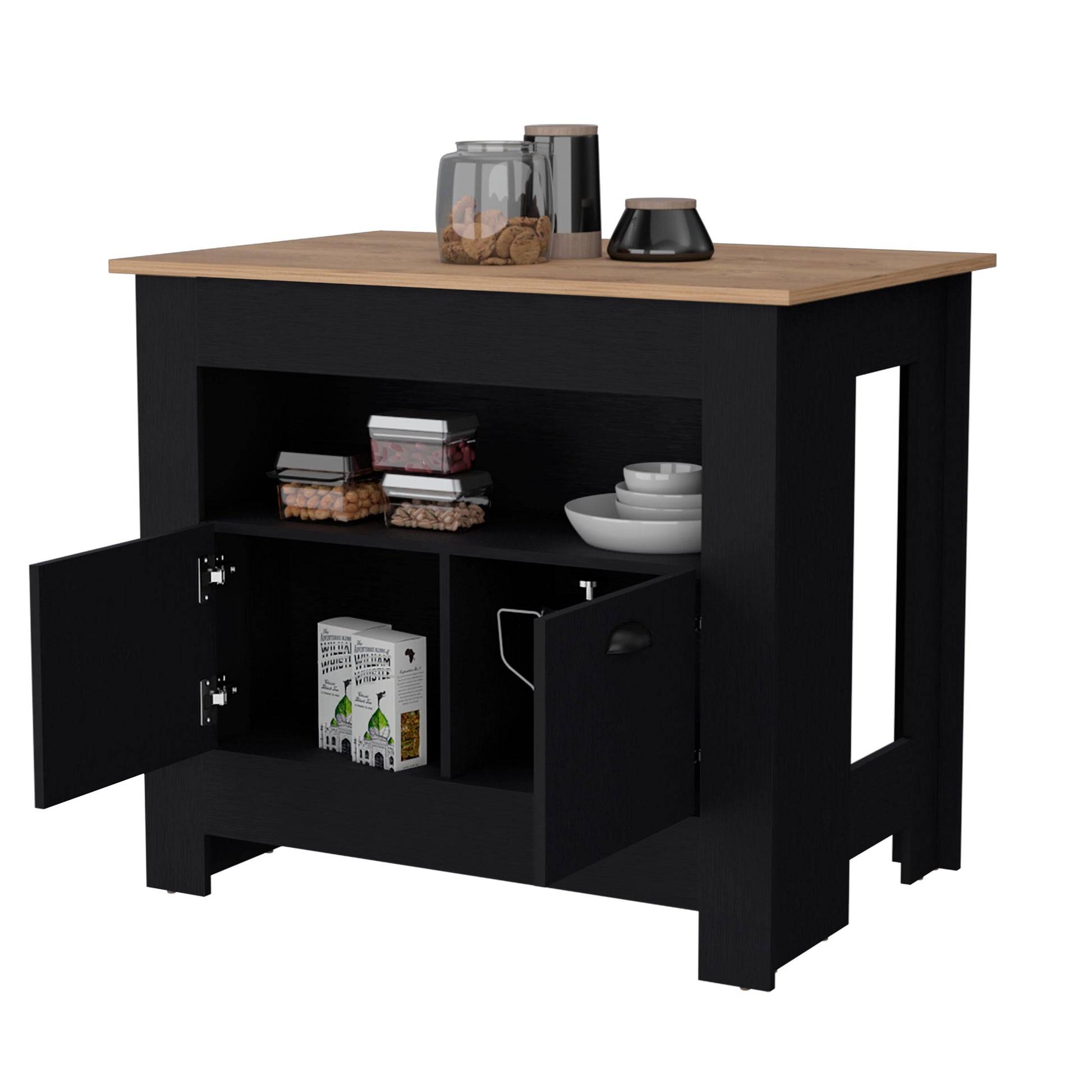 Black kitchen island cabinet with oakeffect top and open doors