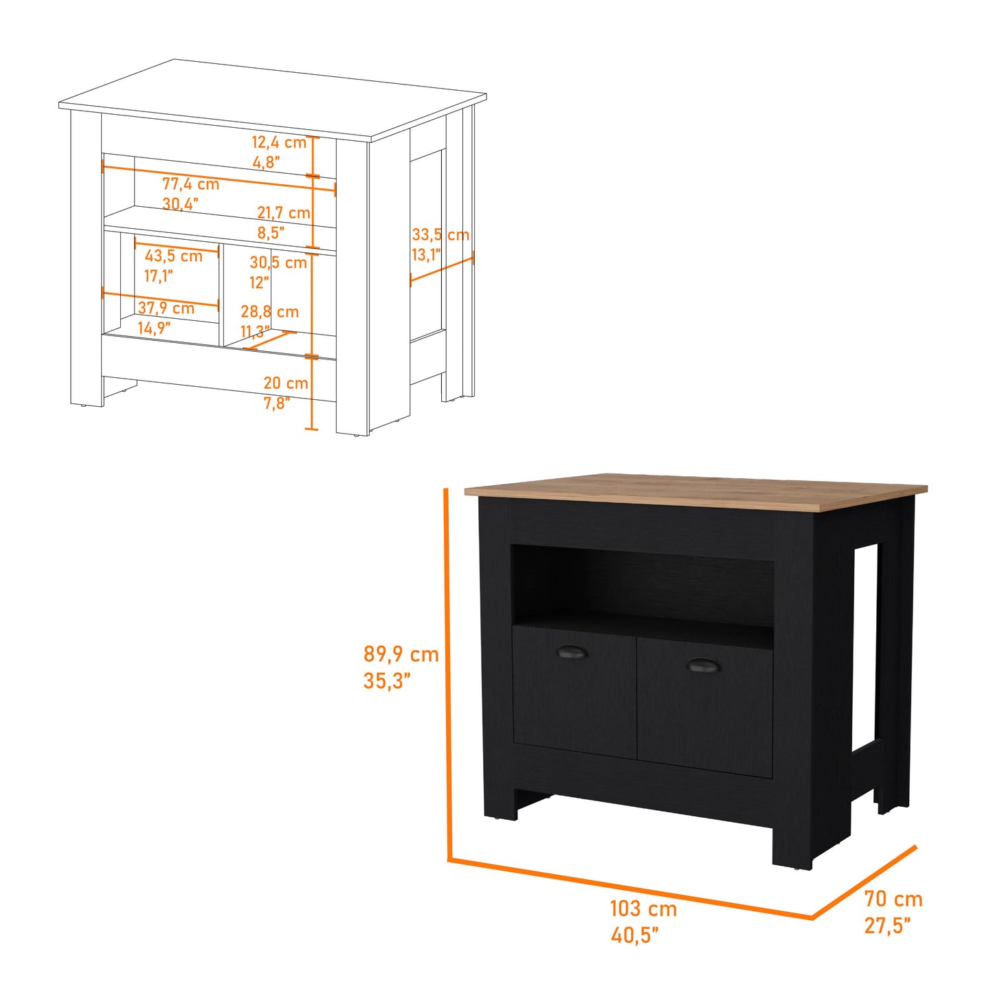 Black accent cabinet with natural wood top