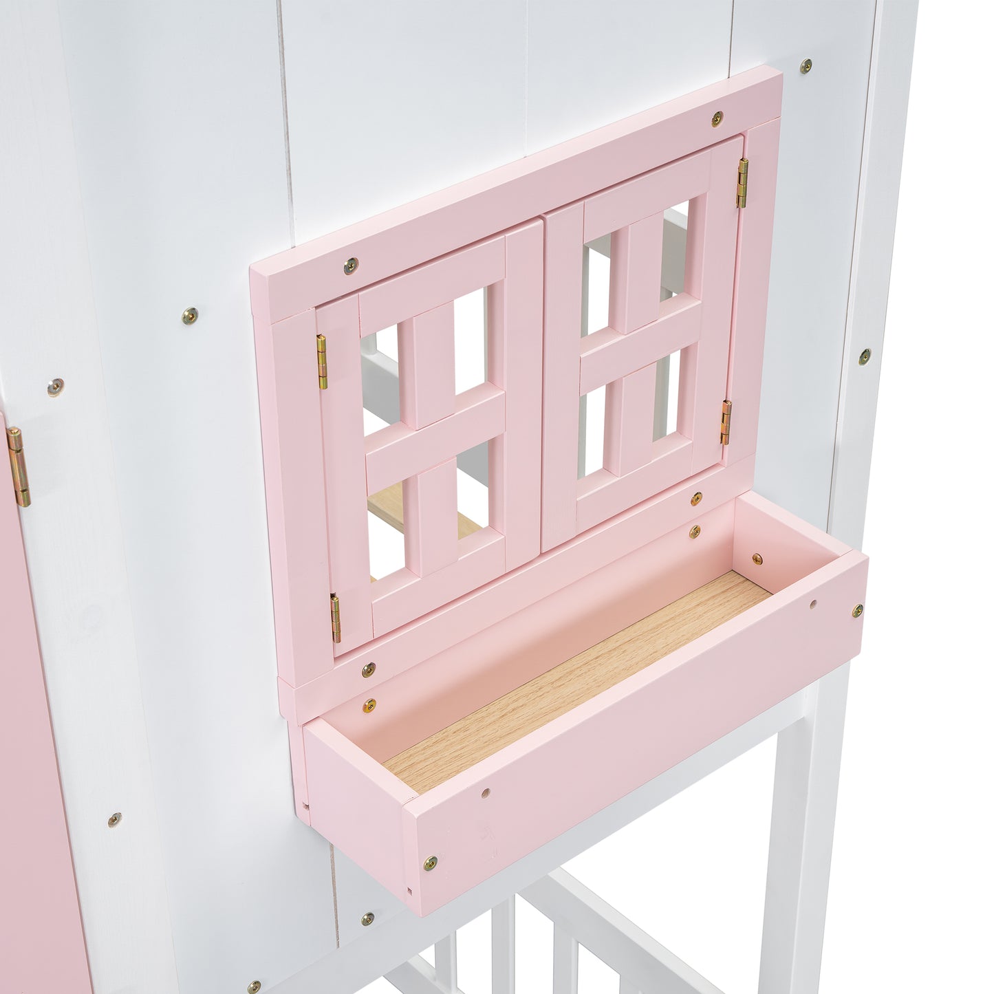 White and pink wooden playhouse window with planter box perfect for childrens pretend play