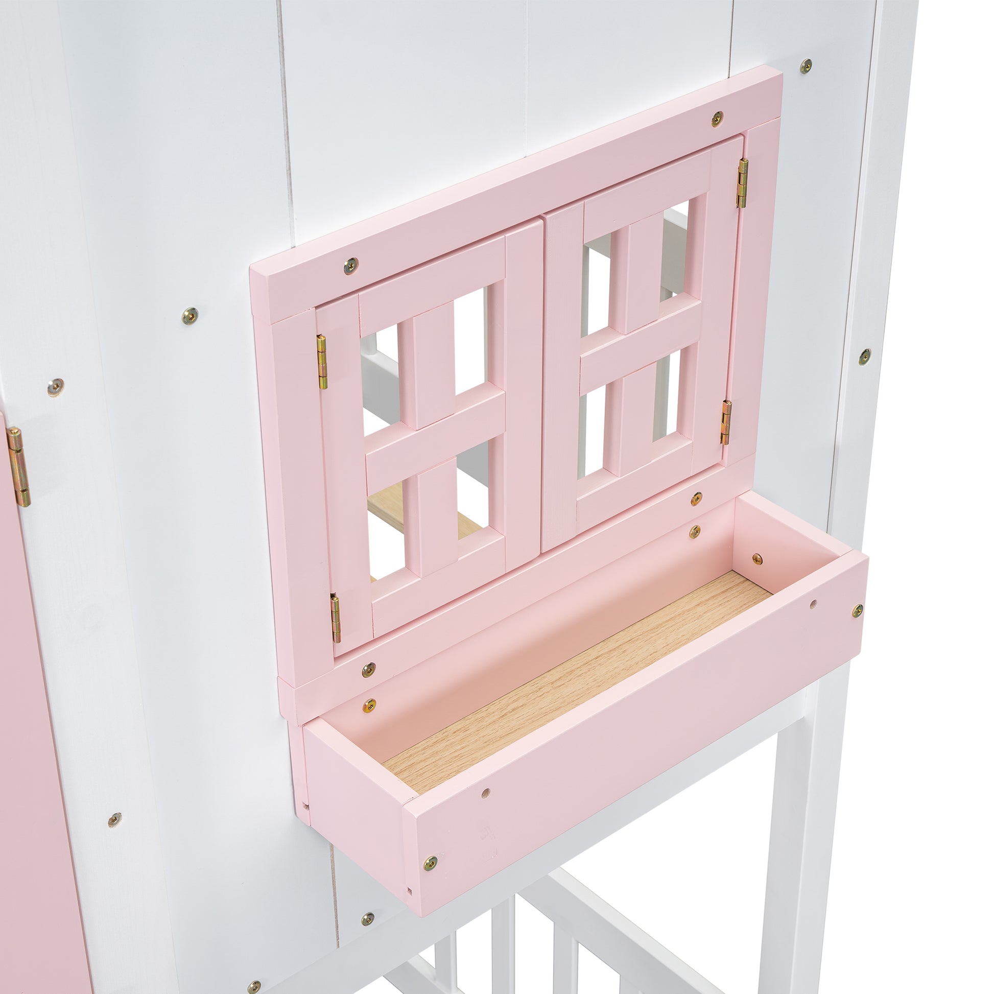 White and pink wooden playhouse window with planter box perfect for childrens pretend play