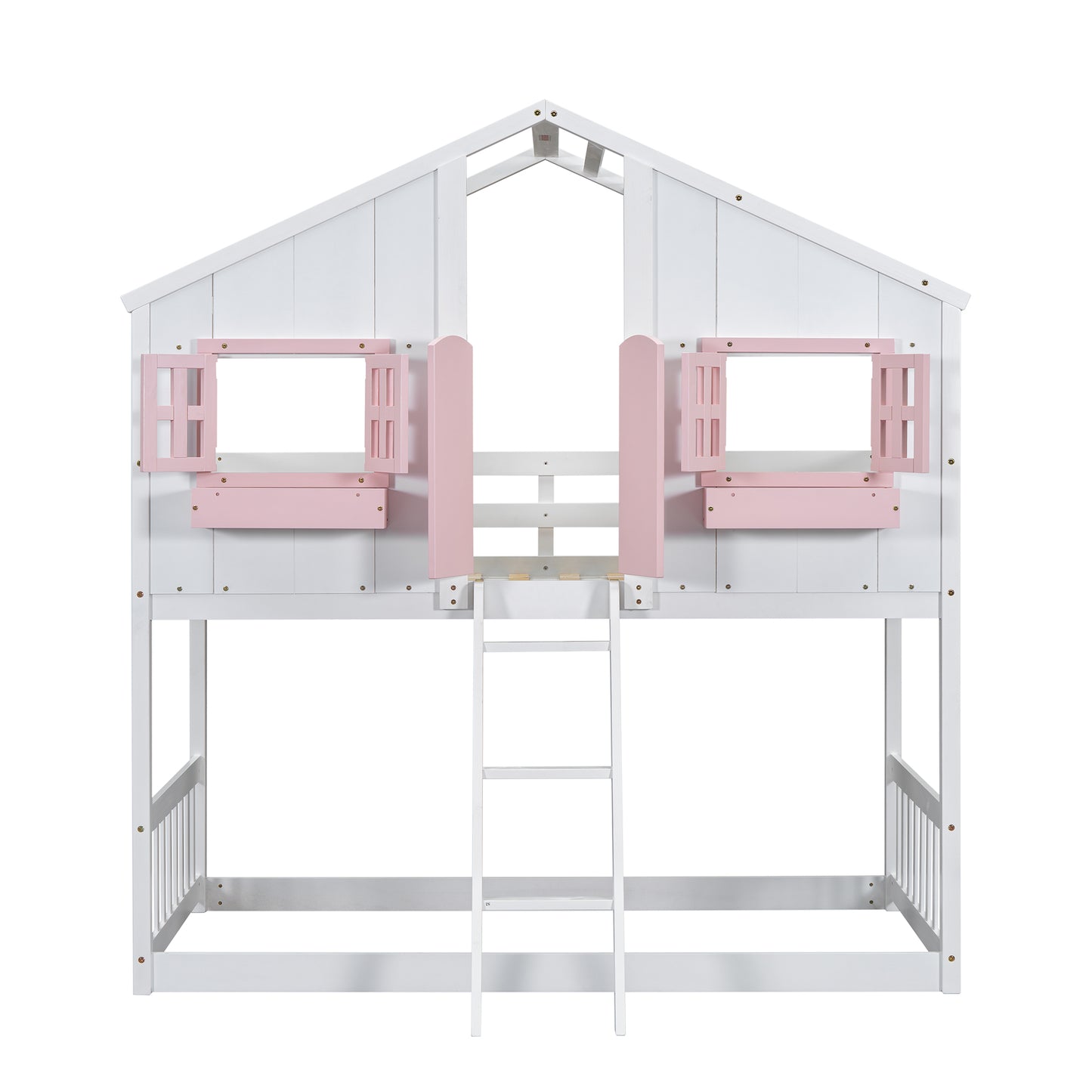 White twin bunk bed with pink window accents and ladder