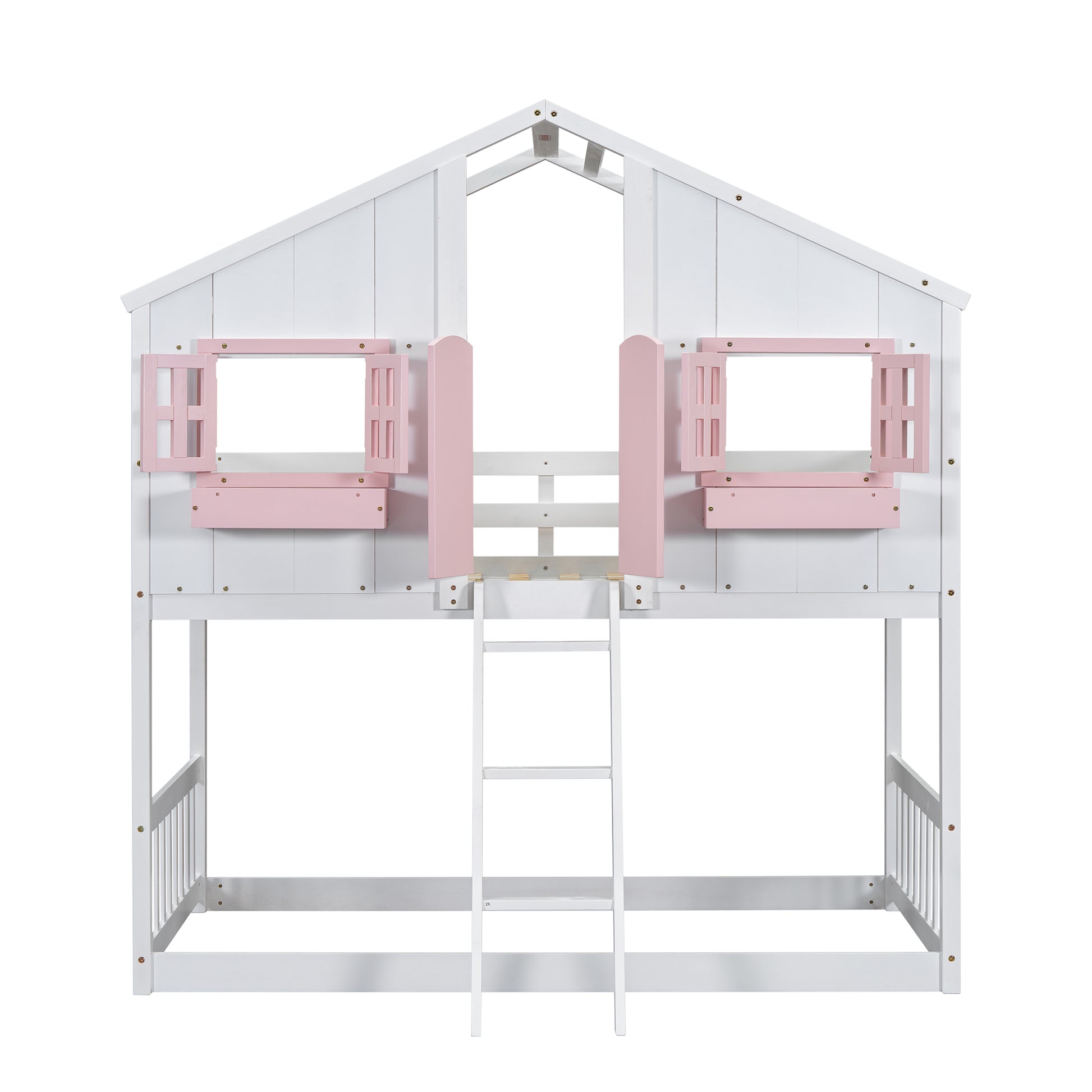 White twin bunk bed with pink window accents and ladder