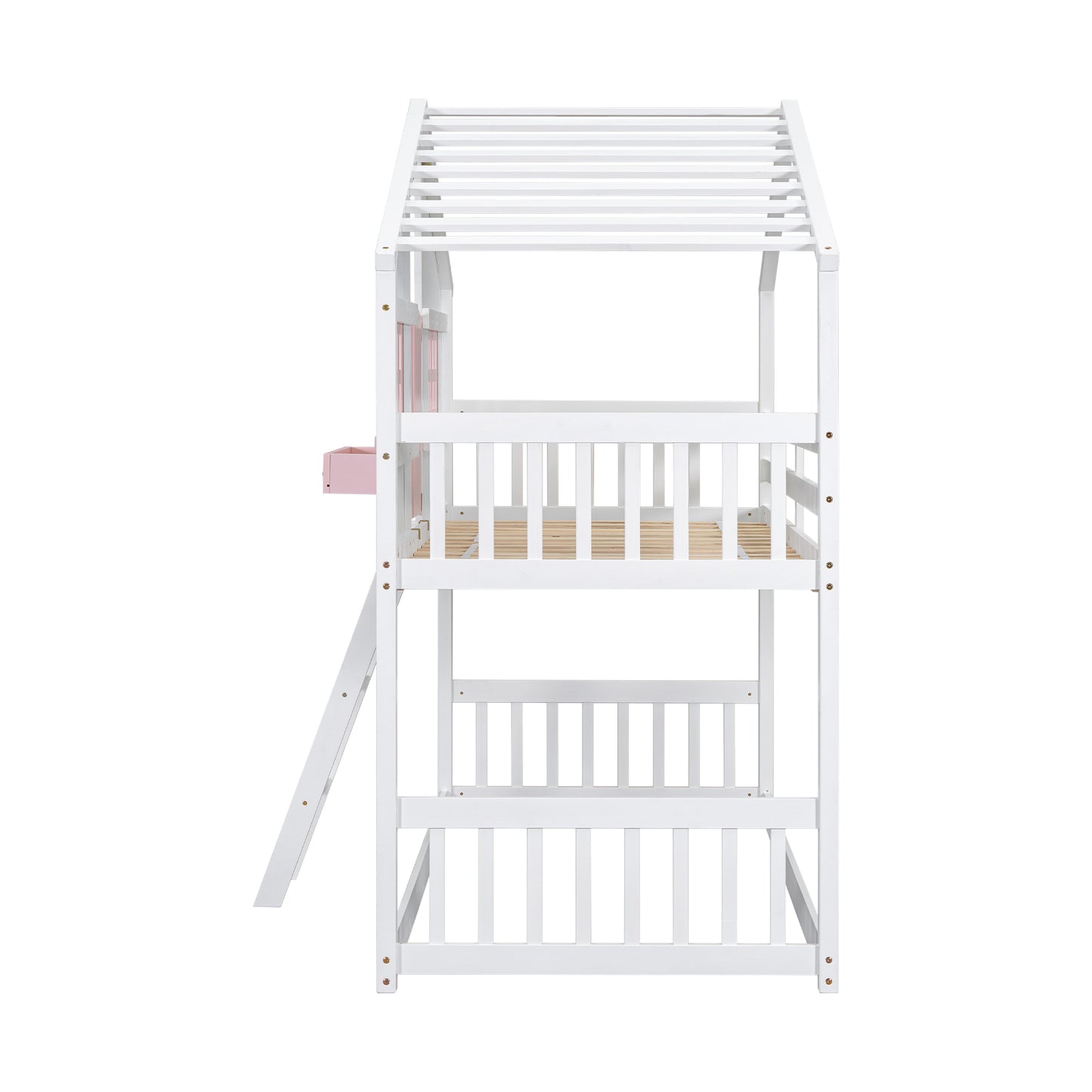 White wooden bunk bed with a pitched roof design and a slide