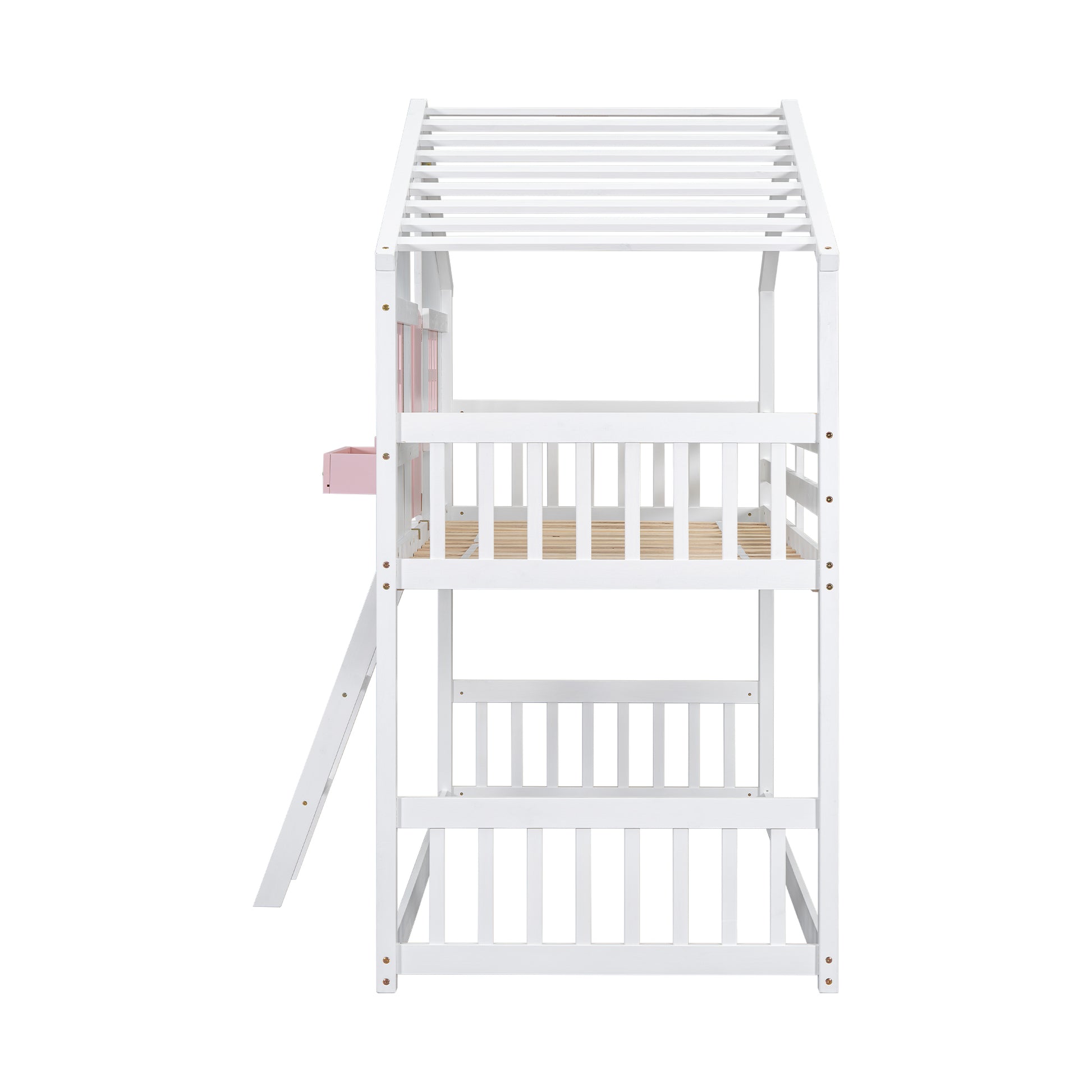 White wooden bunk bed with a pitched roof design and a slide
