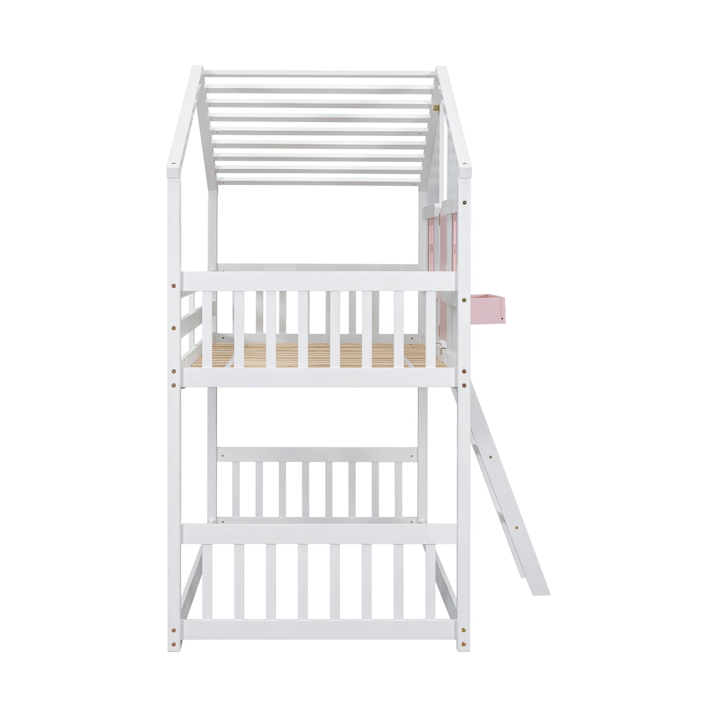White wooden bunk bed with slide and pink accents