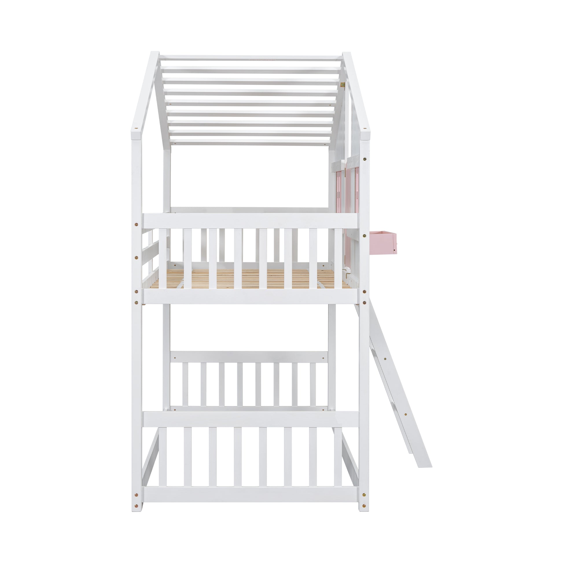 White wooden bunk bed with slide and pink accents