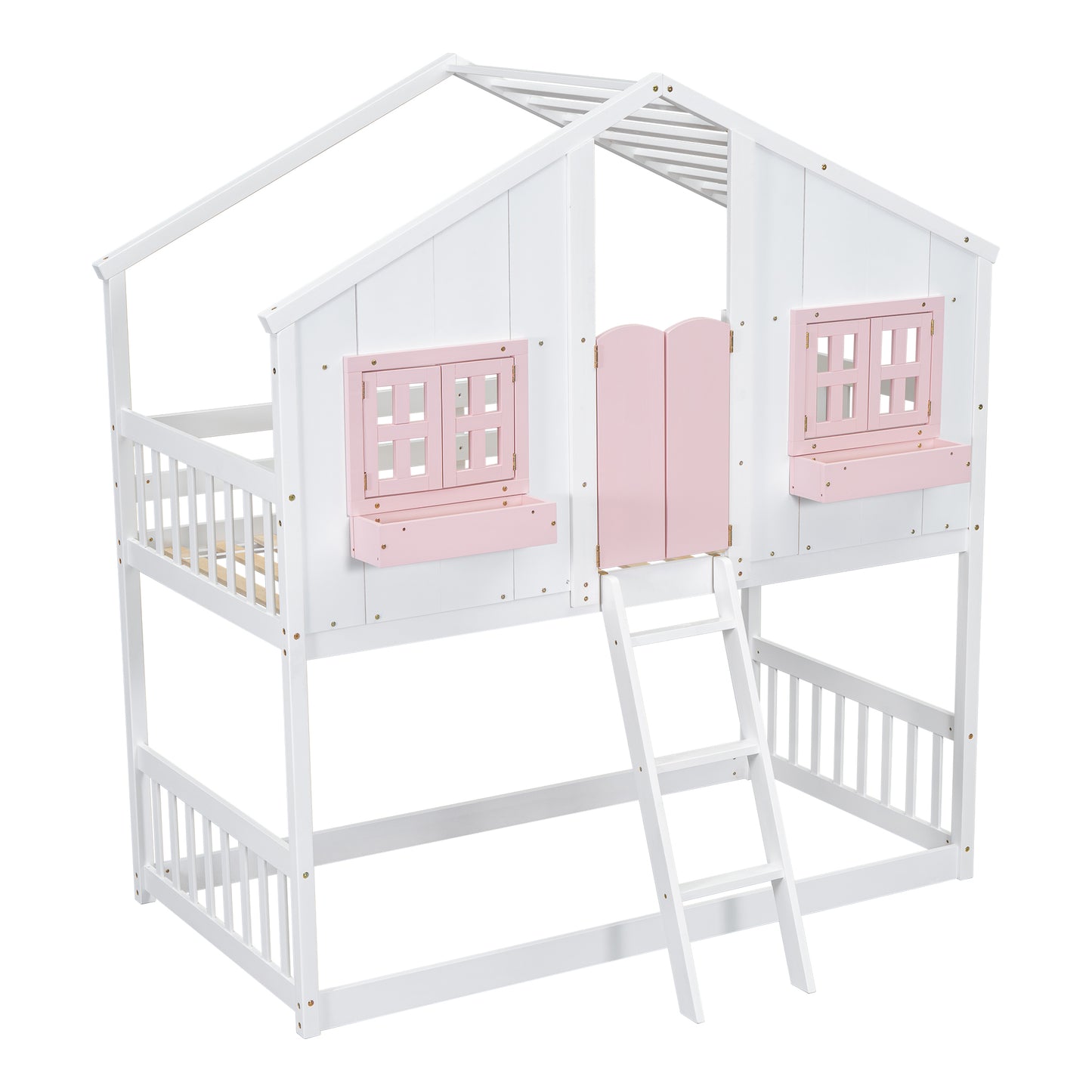 White wooden house bunk bed with pink accents
