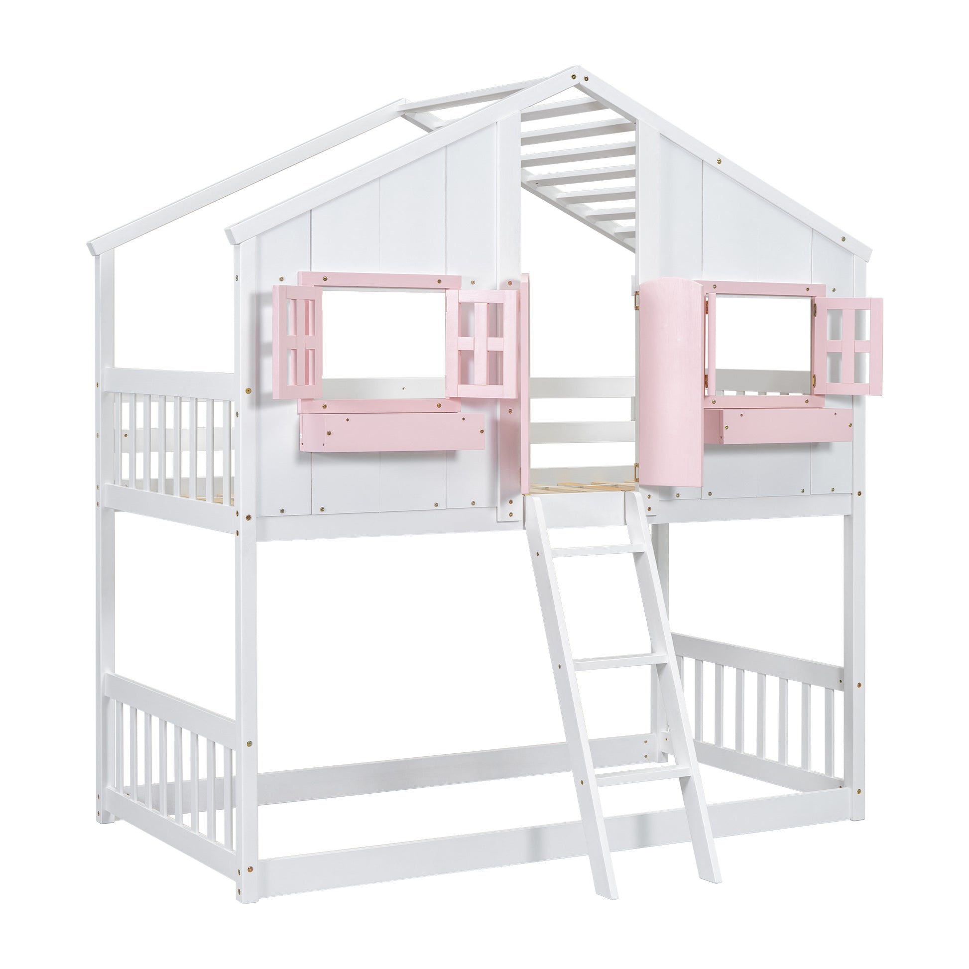 White wooden house bunk bed with pink accents