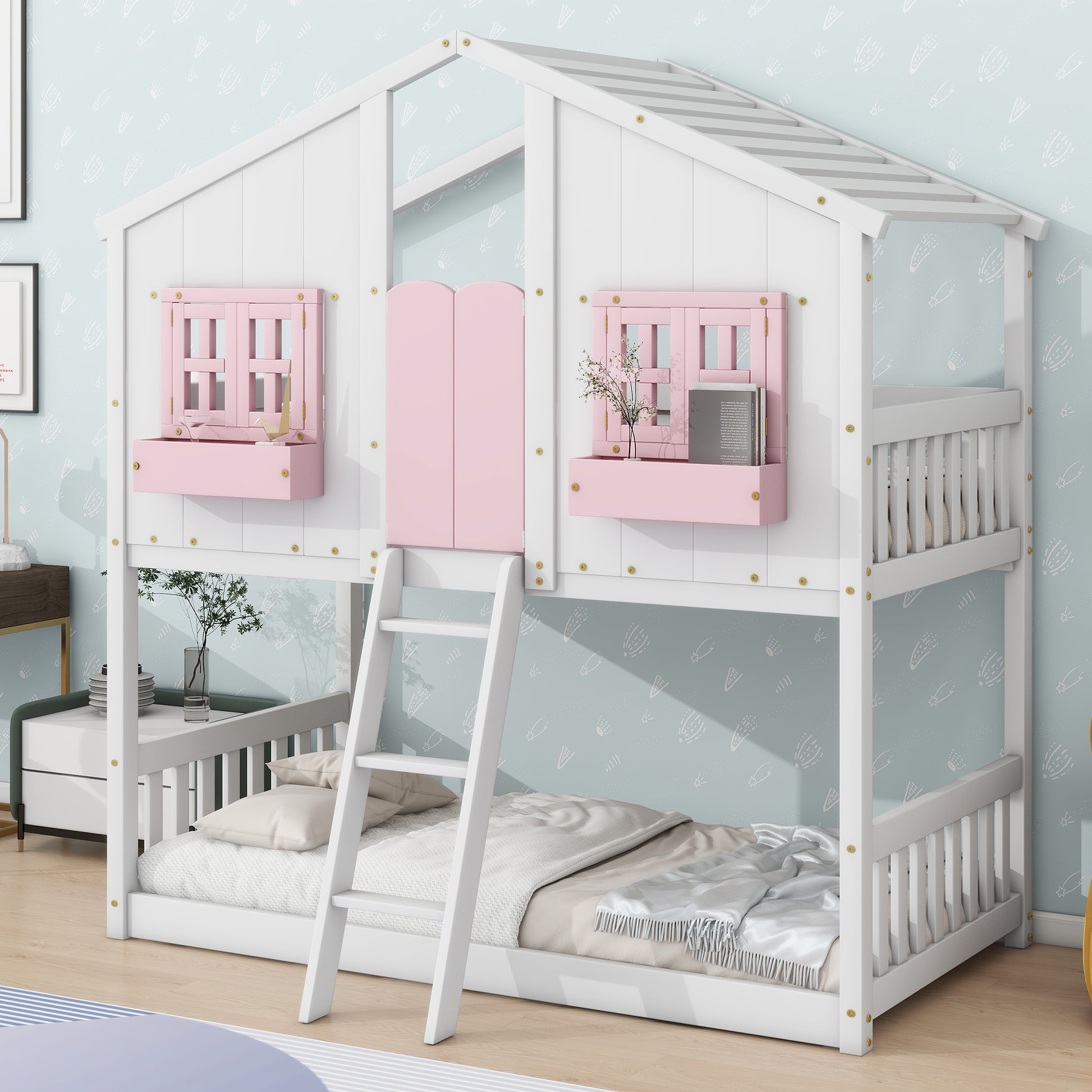 White wooden house bunk bed with pink accents