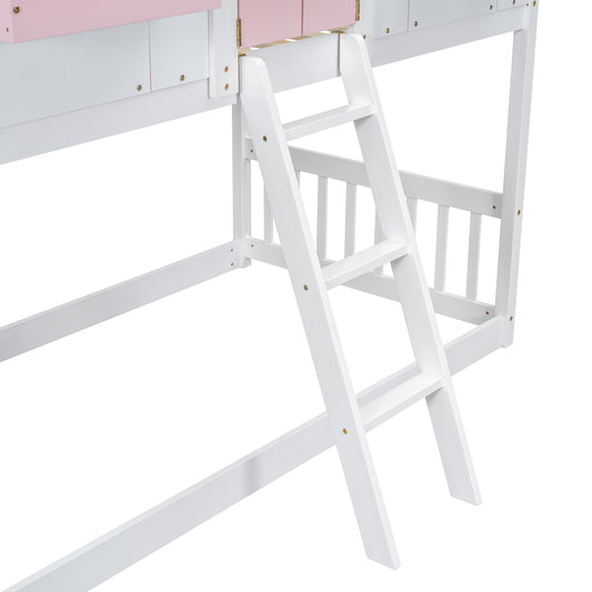 White wooden loft bed ladder attached to bunk bed frame