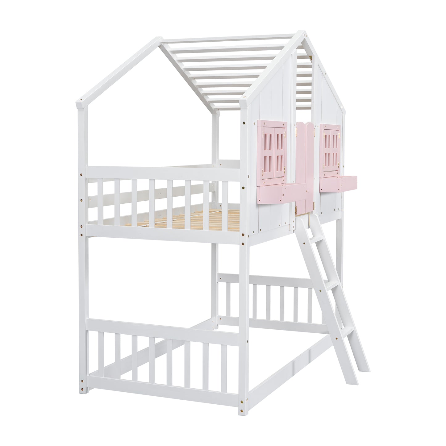 White wooden house bunk bed with pink accents and a ladder