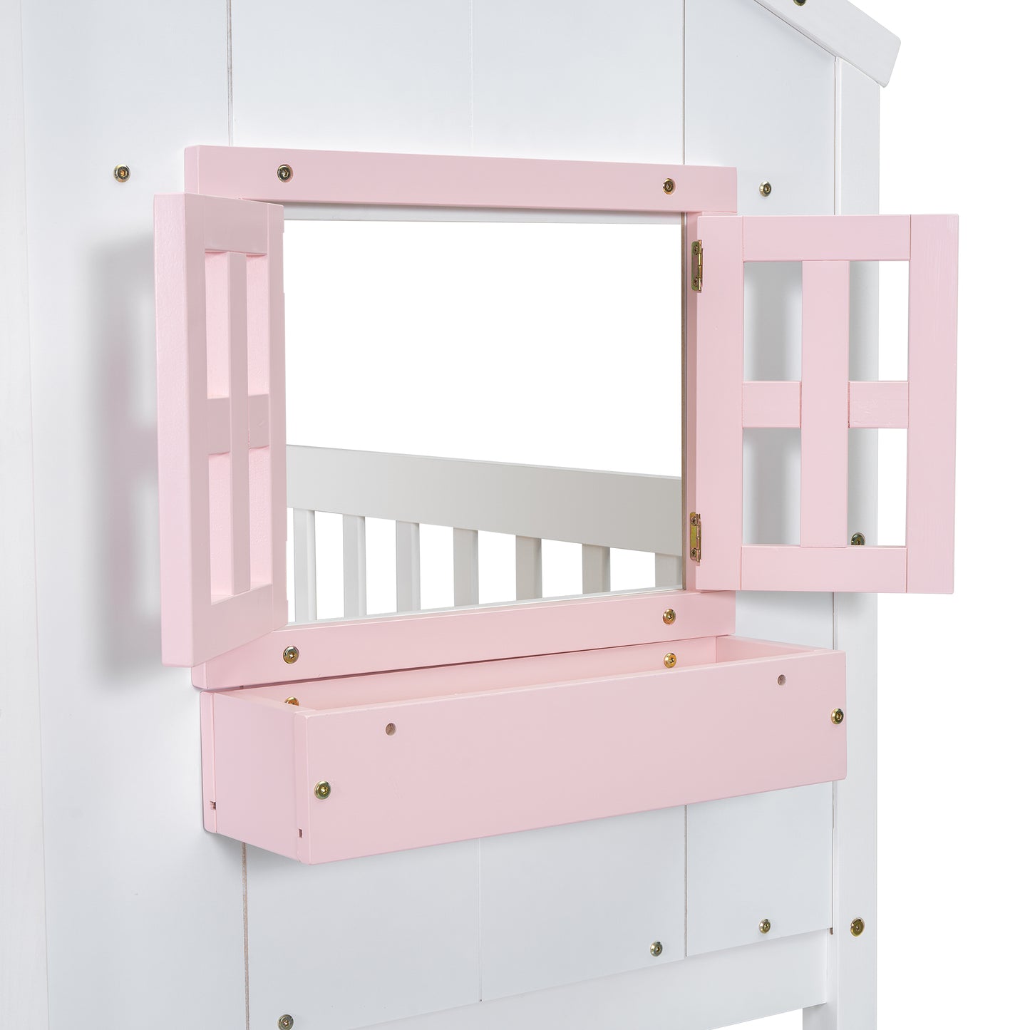 White wooden playhouse with open pink shutter window and planter box